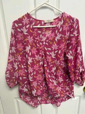 Pink Floral Long-Sleeve Blouse - Lightweight Relaxed Fit